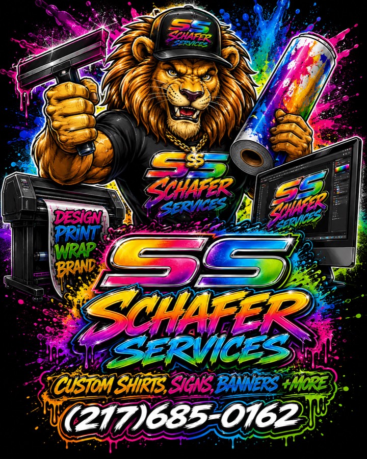 King Ink the lion mascot holding a squeegee and vinyl roll — Schafer Services brand art