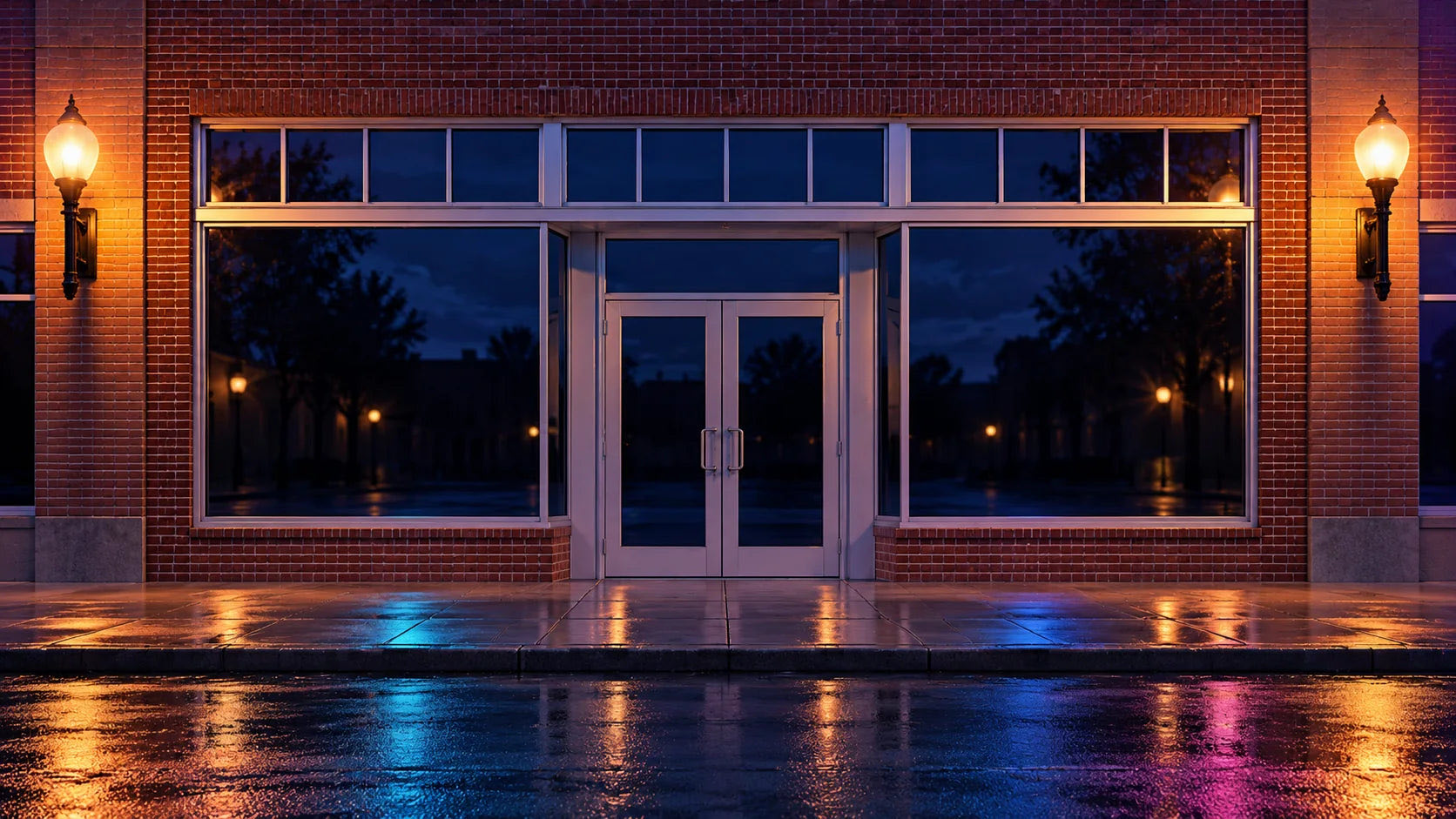 Schafer Services storefront at night, doors closed and windows dark before branding