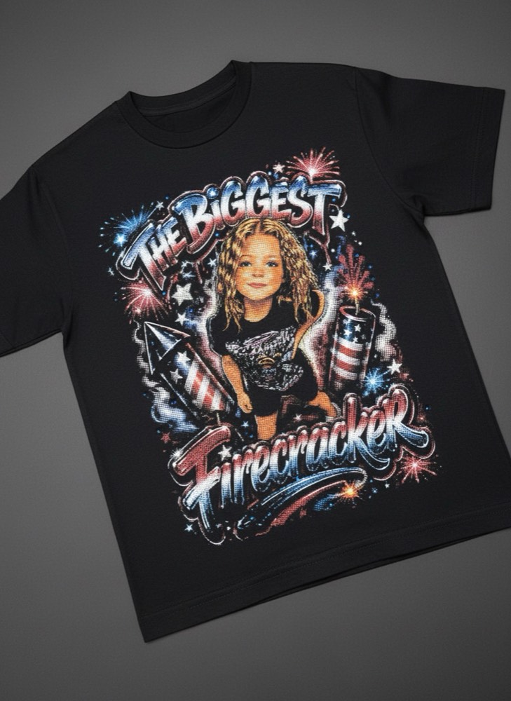 Black t-shirt with a colorful airbrushed photo design