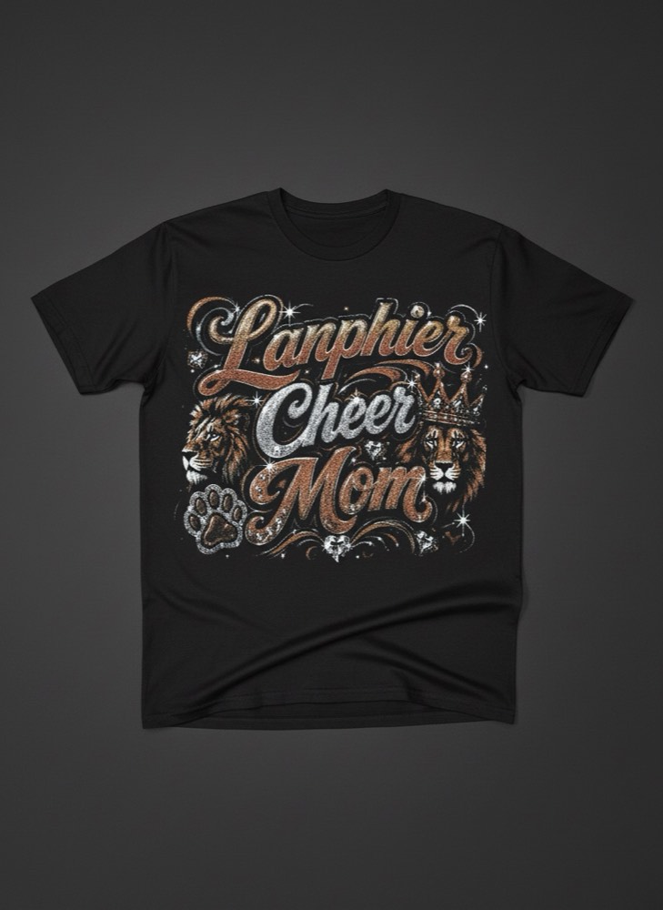 Black t-shirt with a glitter-print cheer mom design
