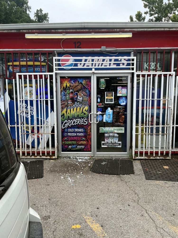 Printed graphics covering a business's front windows