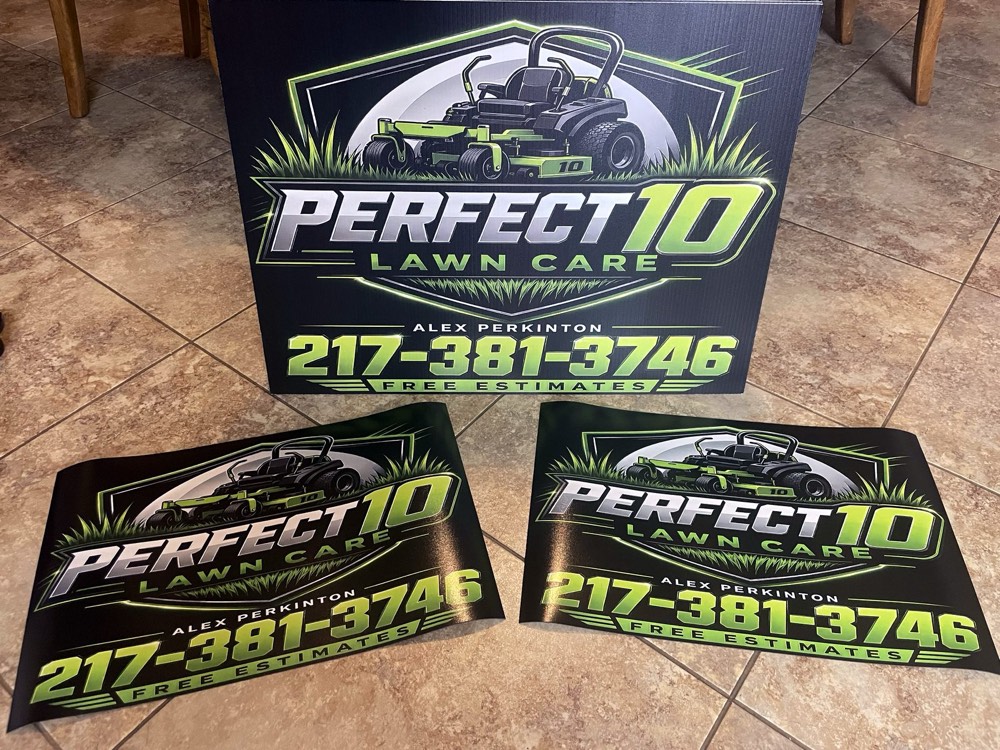 Full-color yard signs printed for a local lawn care company